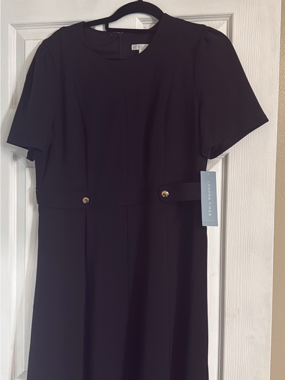 London Times Black Short-Sleeve Midi Sheath Dress